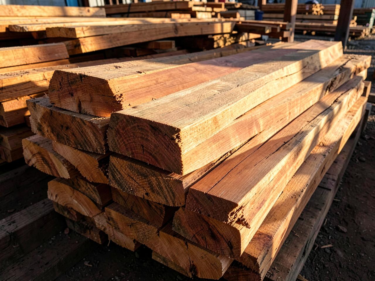 Stack of freshly sawn timber beams in the yard
