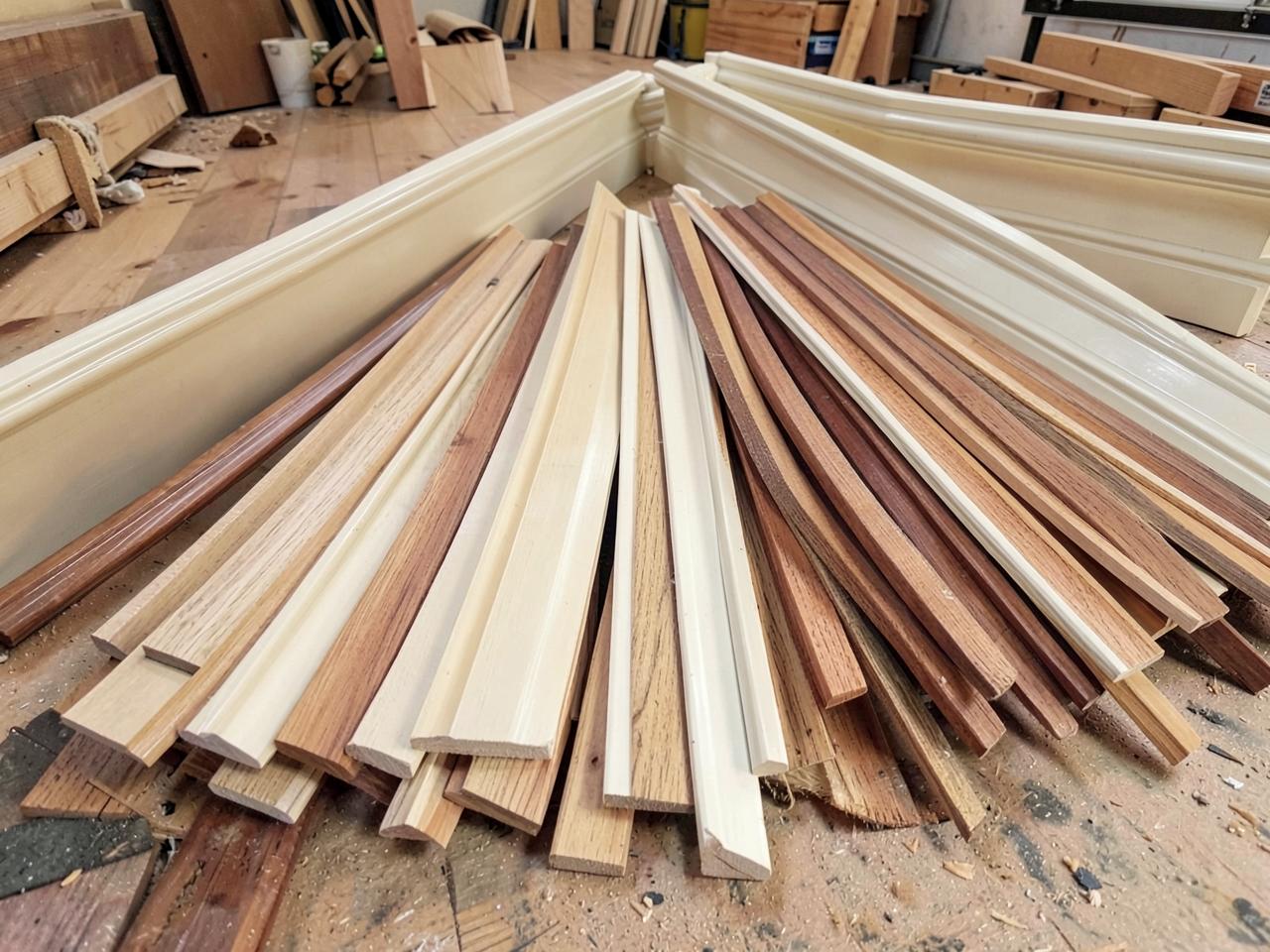 Assorted wood molding profiles fanned out on a shop floor