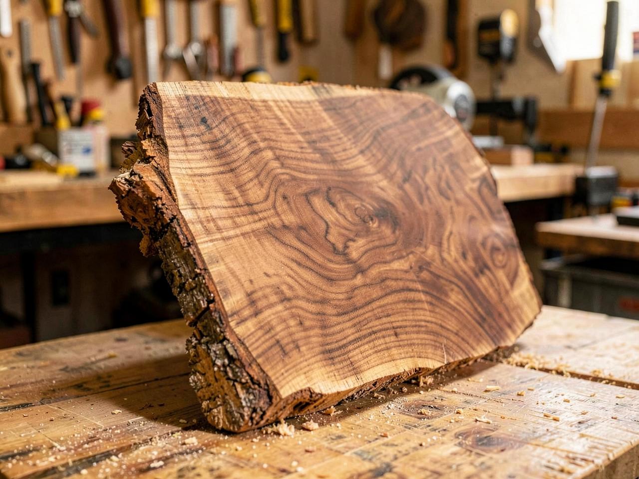 Live edge walnut slab with natural bark edge