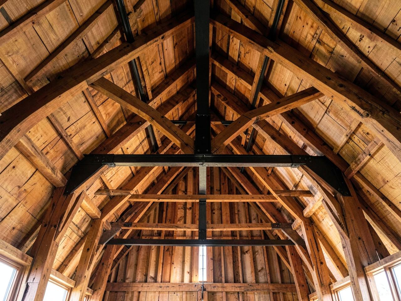 Heavy timber king post trusses in a barn ceiling